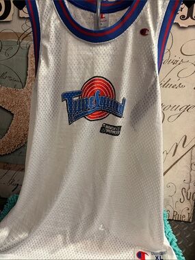 Champion White Tune Squad Mesh Basketball Tank with Red & Blue Accents